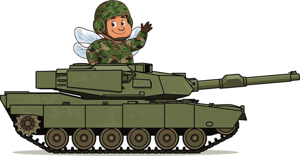 Abrams-style tank with a Used 2 Bees tanker bee in the hatch