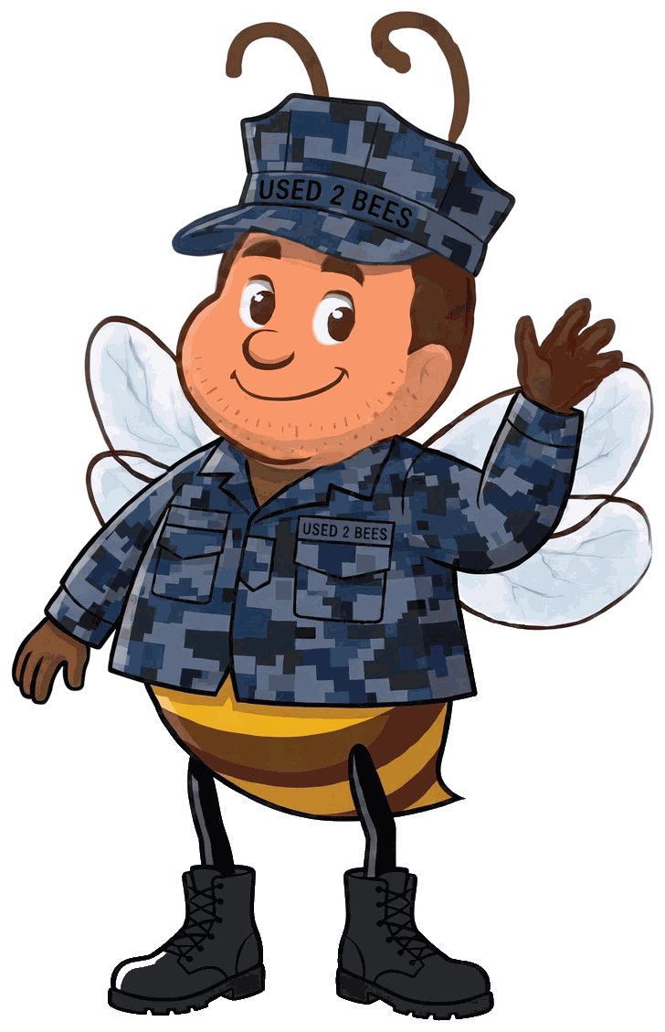 Used 2 Bees Sea Service Bee in blue digital camouflage, USED 2 BEES on the cap band and one chest tape, the other tape blank, and black boots