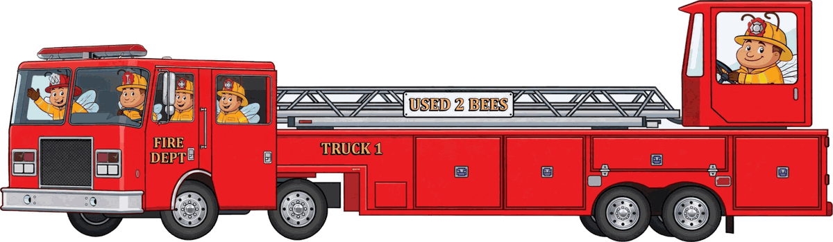 Red Used 2 Bees tiller ladder truck — Truck 1 — crewed by five firefighter bees