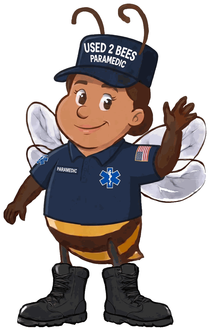 Female Used 2 Bees Paramedic mascot in a navy polo shirt with a blue Star of Life and PARAMEDIC tape, navy USED 2 BEES cap and black boots