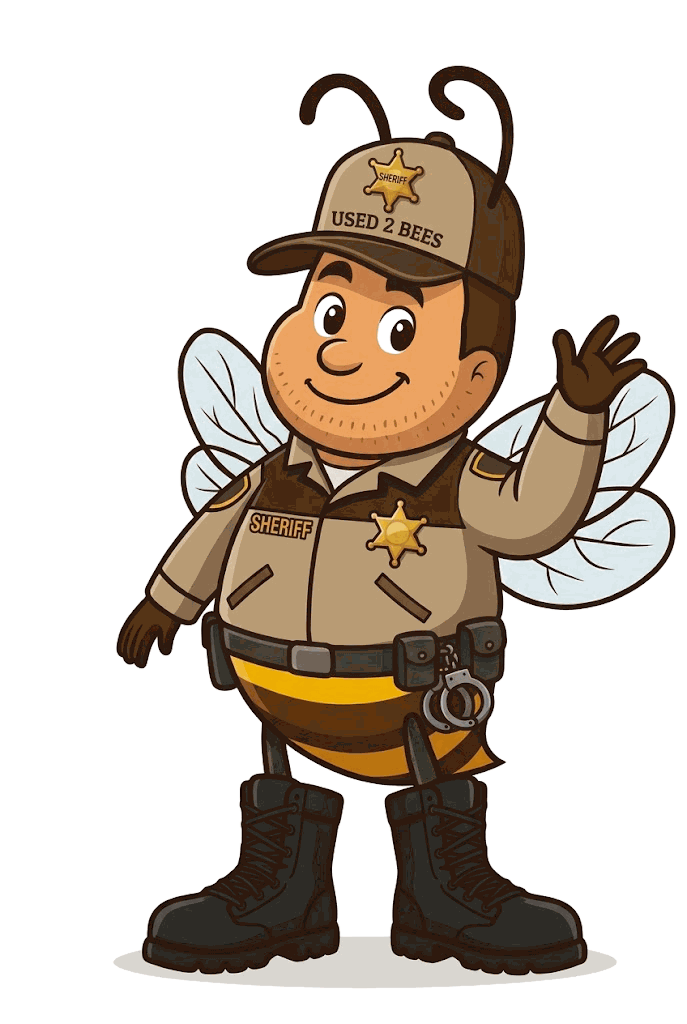 Male Used 2 Bees sheriff mascot in a tan and brown uniform with SHERIFF tape, gold star badge, campaign hat star and a duty belt with handcuffs