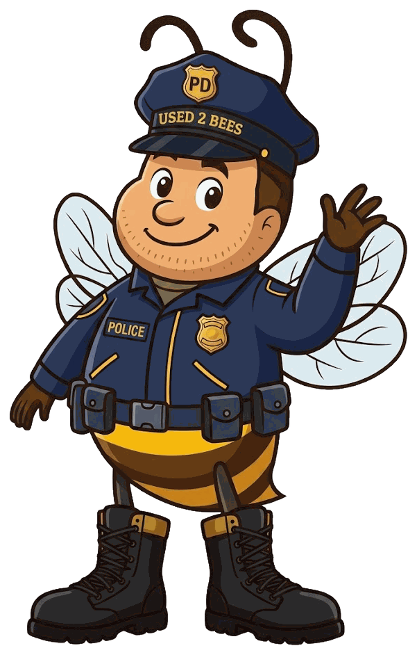Male Used 2 Bees law enforcement mascot in a dark police uniform