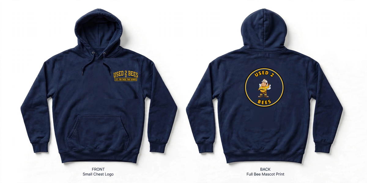 Front and back classic hoodie mockup: small USED 2 BEES chest logo on the front and full firefighter bee in yellow turnout gear on the back