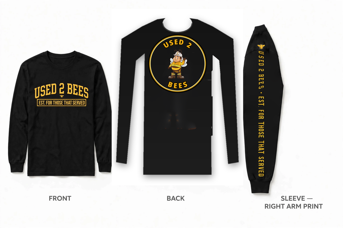 Long sleeve tee mockup showing the USED 2 BEES logo on the front, the full Assistant Chief Bee centered on the back, and the brand mark down the right sleeve