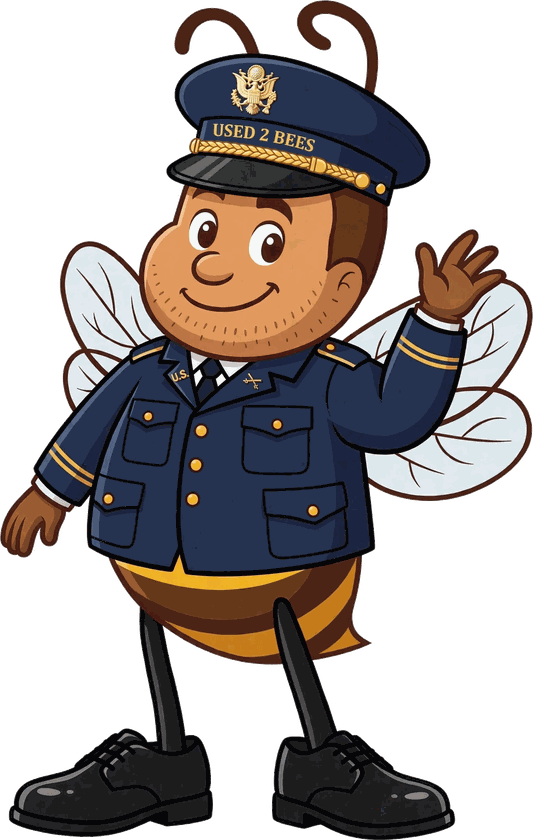 Male Used 2 Bees Army officer mascot in dark blue Army Service Uniform coat with gold cuff braid and shoulder straps, officer U.S. and branch collar insignia, and service cap with coat of arms device and USED 2 BEES band
