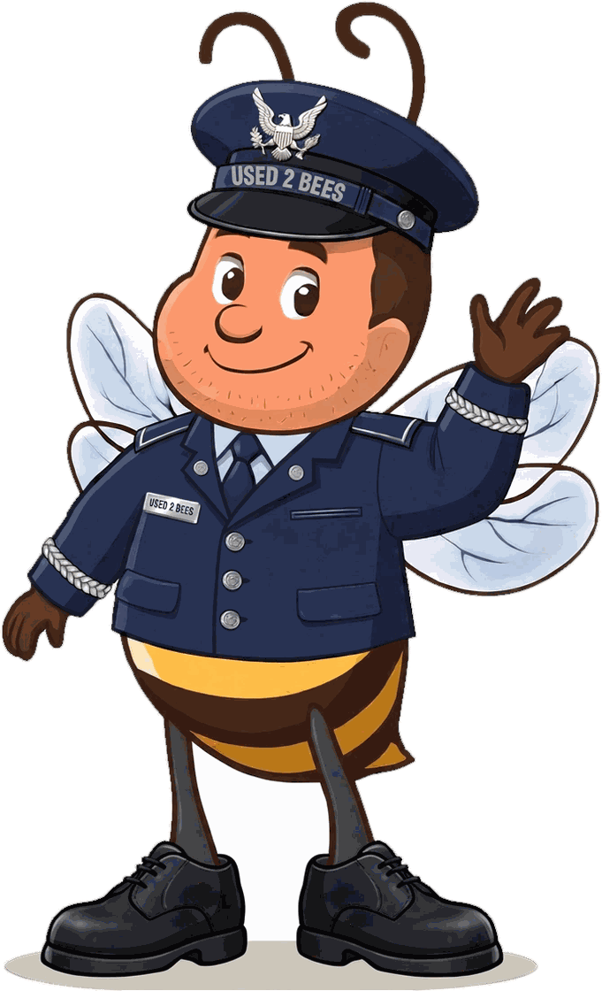 Male Used 2 Bees Air Force officer mascot in dark blue service dress coat with three silver buttons and plain shoulder straps, light blue shirt and dark tie, service cap with bare eagle device and USED 2 BEES band and black dress shoes
