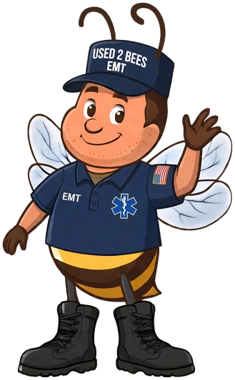 Male Used 2 Bees EMT mascot in a navy polo shirt with a blue Star of Life and EMT tape, navy USED 2 BEES cap and black boots