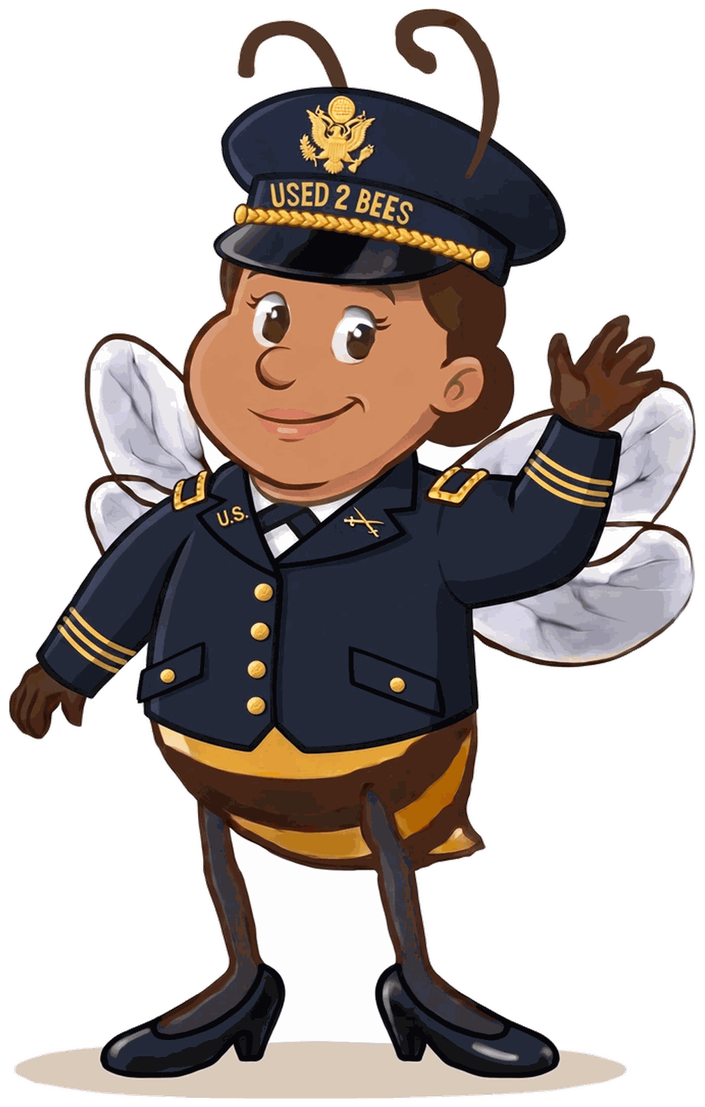 Female Used 2 Bees Army officer mascot in dark blue Army Service Uniform coat with gold cuff braid and shoulder straps, officer collar insignia, hair in a bun, service cap with coat of arms device and USED 2 BEES band and black dress shoes