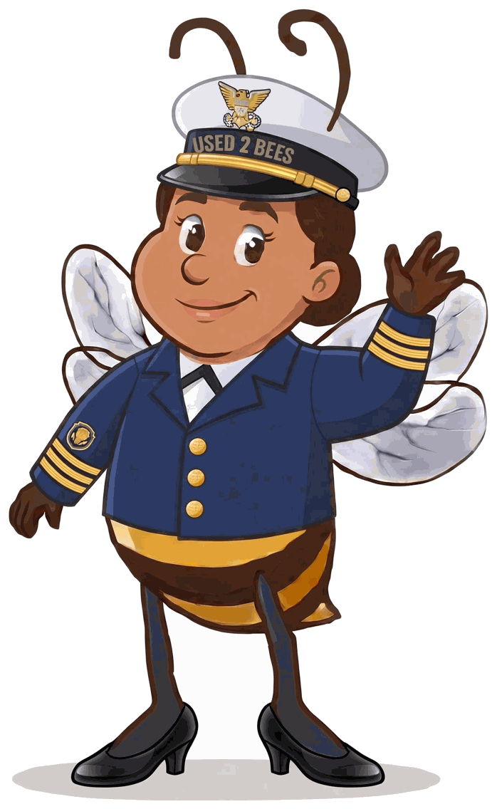 Female Used 2 Bees Coast Guard officer mascot in dark blue Service Dress Blue coat with gold buttons and gold sleeve stripes on each cuff, white shirt, black tie, hair in a bun, officer combination cap with gold Coast Guard device and USED 2 BEES band and black dress shoes