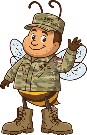 Male Used 2 Bees Army mascot in OCP uniform with USED 2 BEES name tape, U.S. ARMY tape and full-color flag patch on the left sleeve