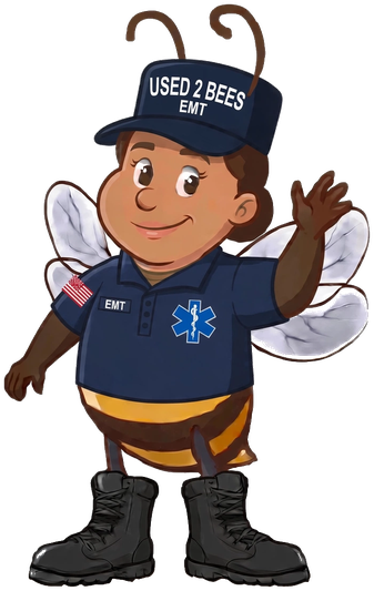 Female Used 2 Bees EMT mascot in a navy polo shirt with a blue Star of Life and EMT tape, navy USED 2 BEES cap and black boots
