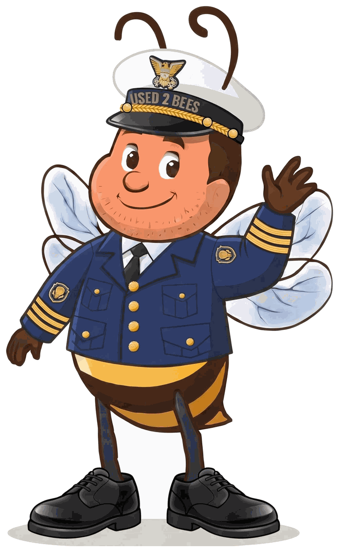 Male Used 2 Bees Coast Guard officer mascot in dark blue Service Dress Blue coat with gold buttons and two gold sleeve stripes on each cuff, white shirt, black tie, officer combination cap with gold Coast Guard device and USED 2 BEES band and black dress shoes