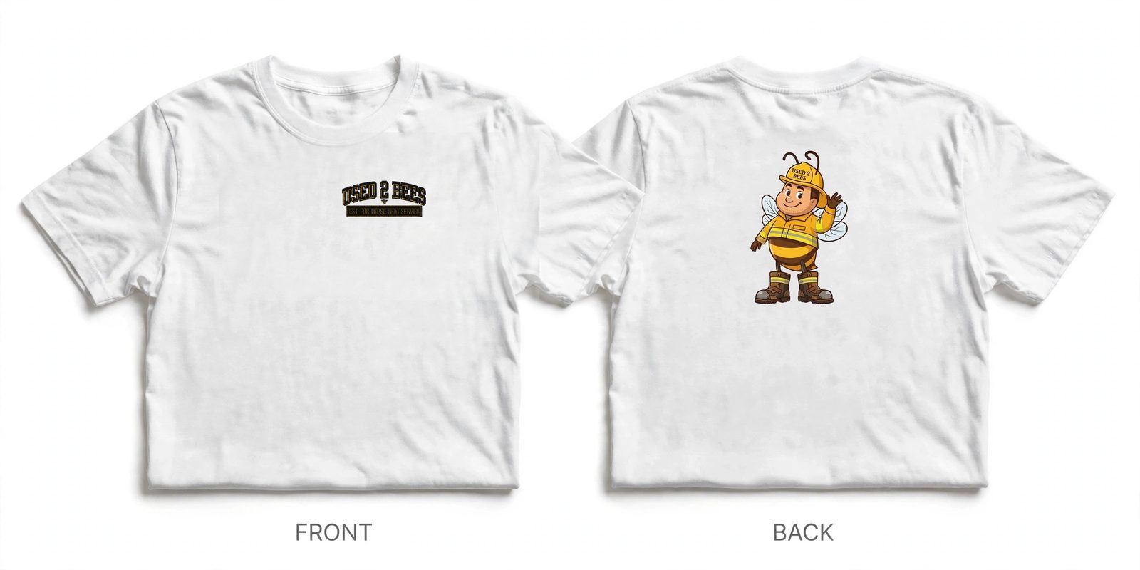 Front and back heavyweight tee mockup: small USED 2 BEES chest logo on the front and a realistically scaled firefighter bee print centered on the upper back
