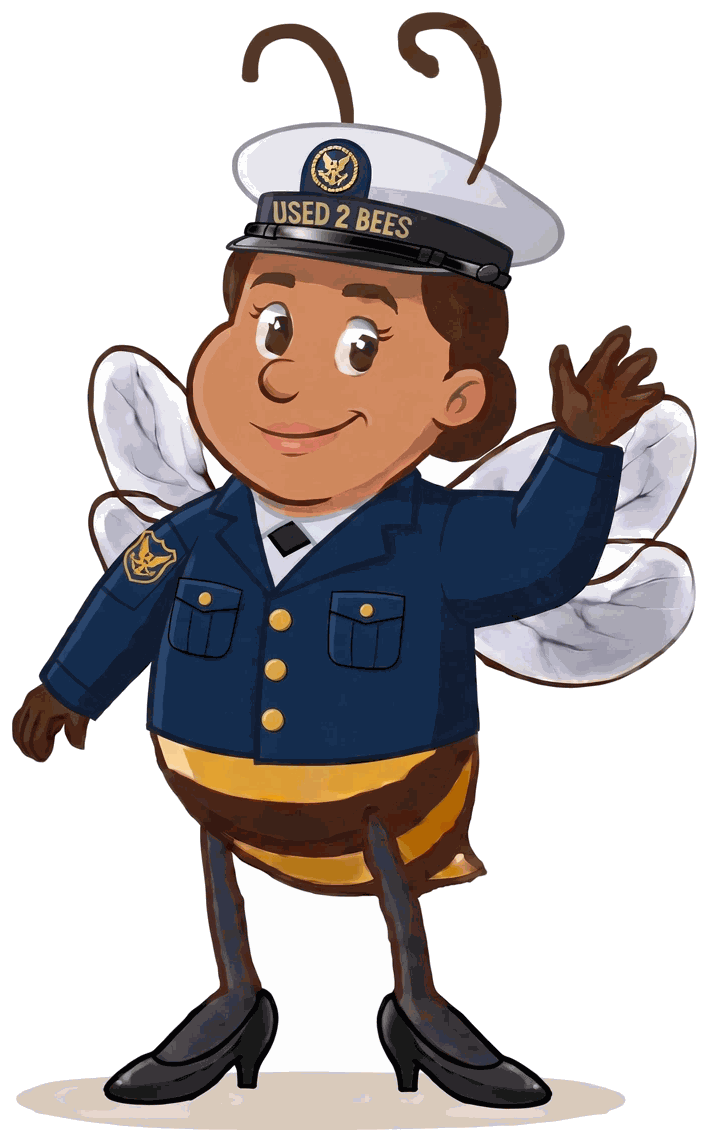 Female Used 2 Bees Coast Guard enlisted mascot in dark blue Service Dress Blue coat with three gold front buttons, white shirt, black tie, hair in a bun, combination cap with gold Coast Guard device and USED 2 BEES band, plain sleeves and black dress shoes