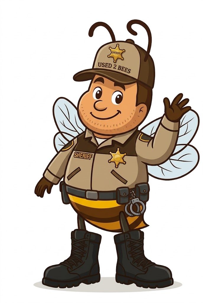 Male Used 2 Bees sheriff mascot in a tan and brown uniform with SHERIFF tape, gold star badge, campaign hat star and a duty belt with handcuffs