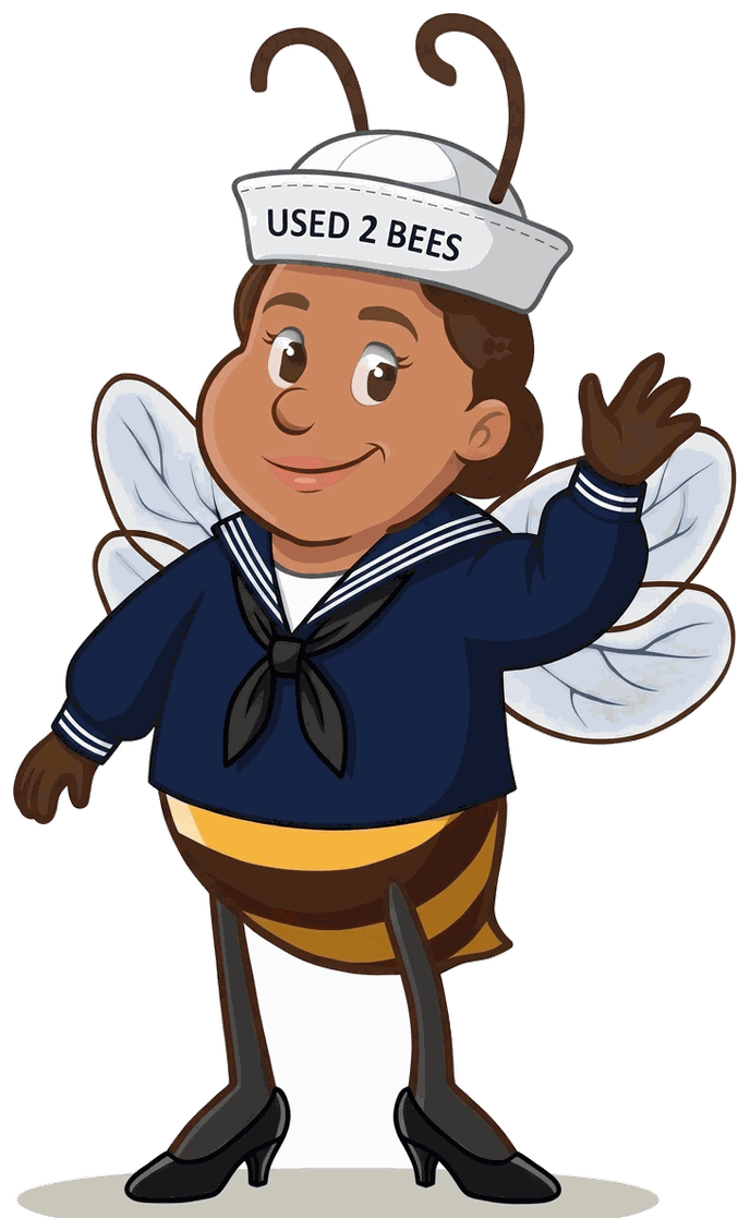 Female Used 2 Bees Navy enlisted mascot in dark blue crackerjack dress jumper with white piping, black neckerchief, white Dixie cup hat with USED 2 BEES lettering, hair in a bun and black dress shoes