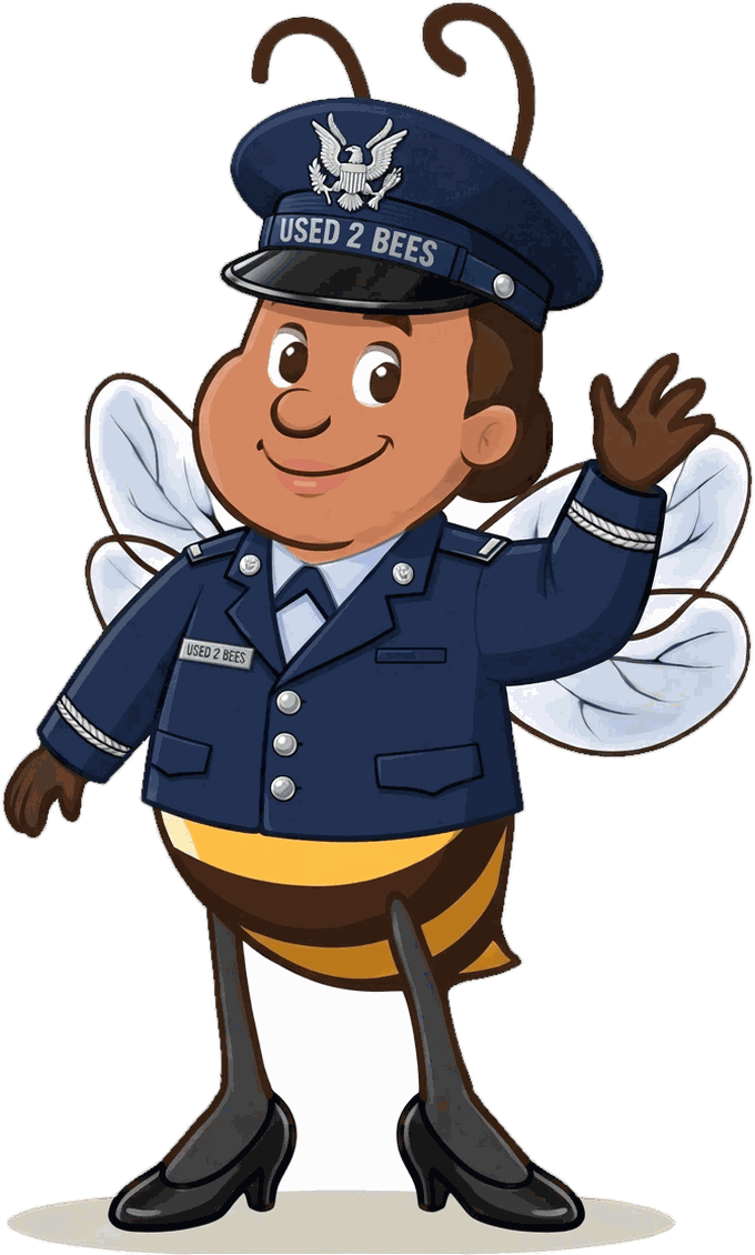 Female Used 2 Bees Air Force officer mascot in dark blue service dress coat with silver buttons, shoulder straps, silver sleeve braid, U.S. lapel insignia, USED 2 BEES name tag and tie, hair in a bun, service cap with bare eagle device and USED 2 BEES band and black dress pumps