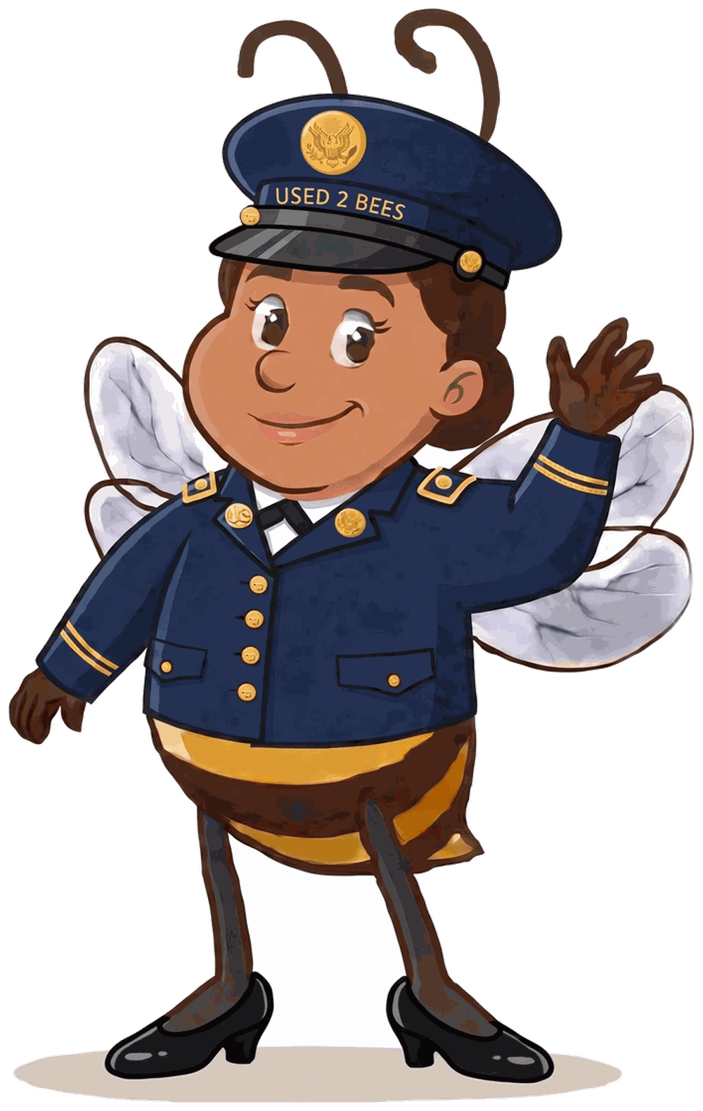 Female Used 2 Bees Army mascot in enlisted Army Service Uniform dress coat with gold collar disks, hair in a bun, service cap with gold coat of arms device and USED 2 BEES band and black dress shoes