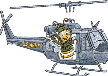 Grey Army Huey helicopter with a pilot bee in the side door