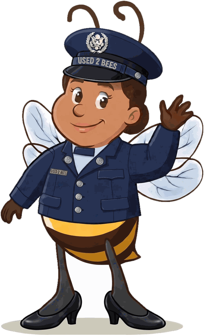 Female Used 2 Bees Air Force enlisted mascot in dark blue service dress coat with silver buttons, U.S. lapel insignia, USED 2 BEES name tag and neck tab, hair in a bun, service cap with eagle device inside a silver circle and USED 2 BEES band and black dress pumps