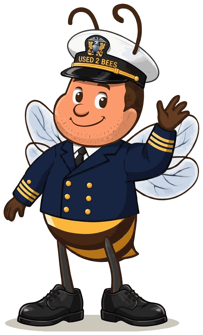 Male Used 2 Bees Navy officer mascot in double-breasted dark blue dress coat with gold buttons, three gold sleeve stripes on each cuff, white shirt, black tie, white-top combination cap with officer device and USED 2 BEES band and black dress shoes
