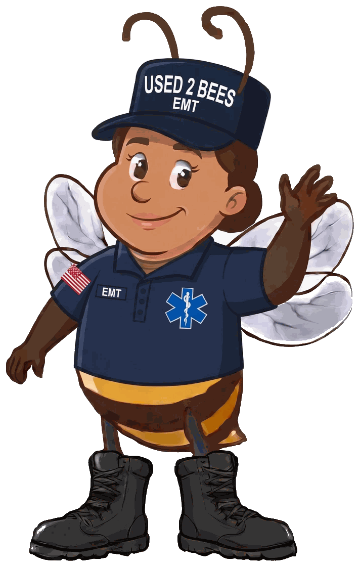 Female Used 2 Bees EMT mascot in a navy polo shirt with a blue Star of Life and EMT tape, navy USED 2 BEES cap and black boots