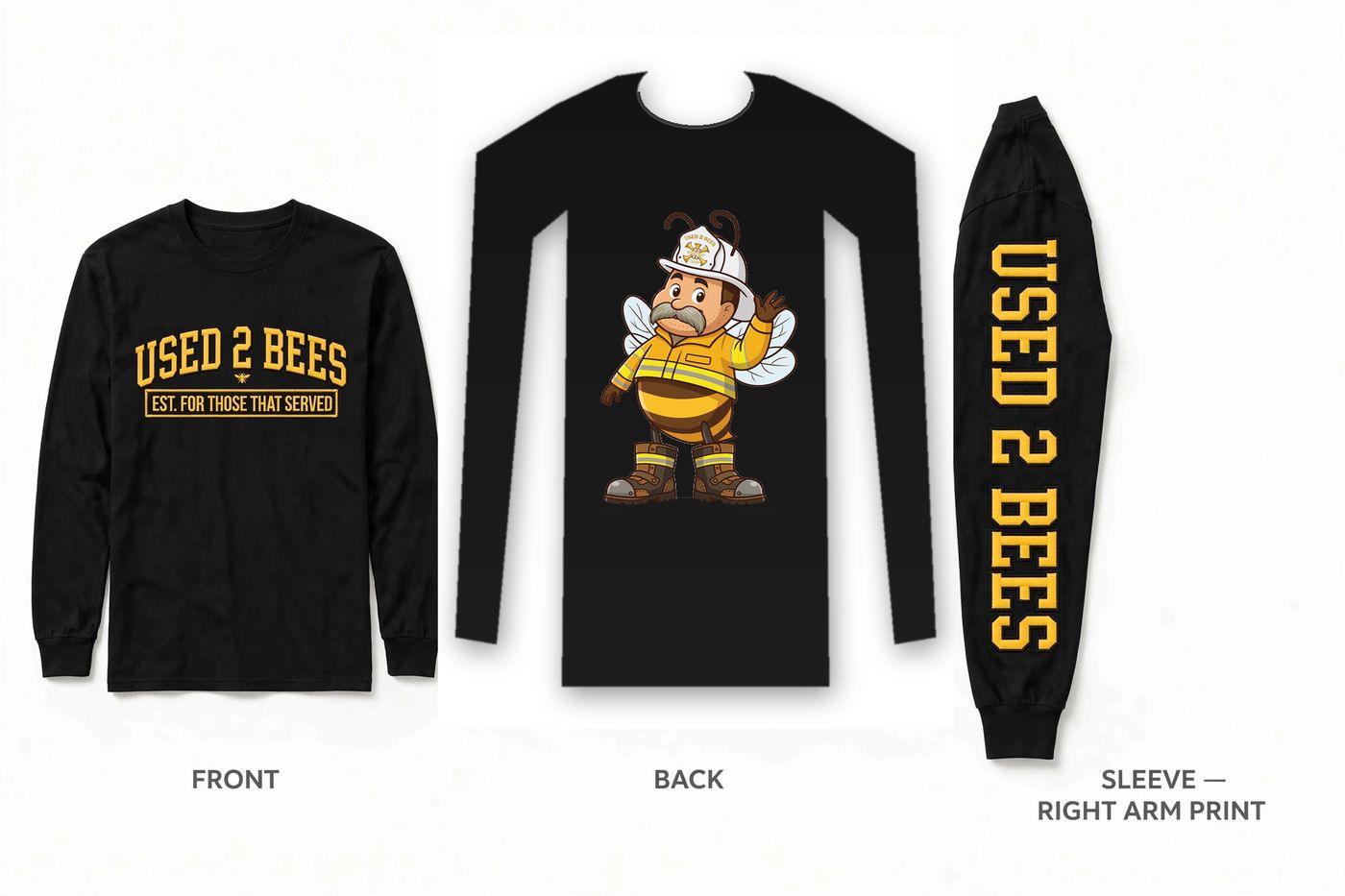 Long sleeve tee mockup showing the USED 2 BEES logo on the front, Arron’s full Assistant Chief bee centered on the back, and the brand mark down the right sleeve