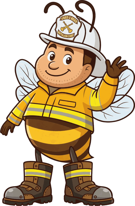 Male Used 2 Bees Space Force enlisted mascot in very dark blue wraparound service dress coat with standing collar with U.S. insignia in a hexagon outline on both sides, diagonal six silver-button front, upper-left welt pocket, plain sleeves and shoulder straps, service cap with enlisted delta-in-hexagon device and USED 2 BEES band and black dress shoes