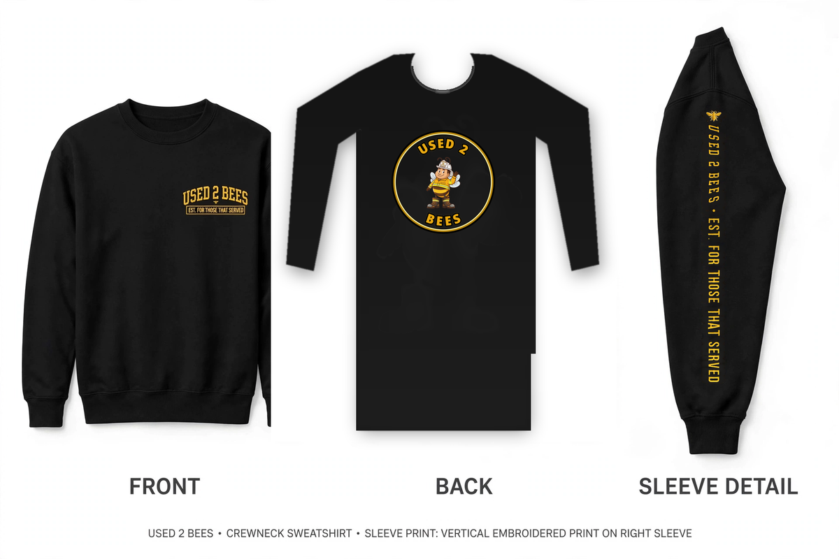 Crewneck sweatshirt mockup showing front, back and right sleeve views with the approved USED 2 BEES logo stretched down the sleeve